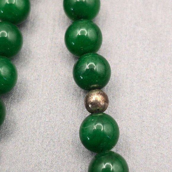 Antique Green Nephrite Jade 6mm Bead Necklace 23" Sterling Etched Fishhook Clasp - Picture 4 of 10